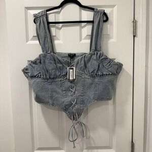PrettyLittleThing Plus Size Denim Lace Up Ruched Bust Corset Top 24‎ Cowgirl